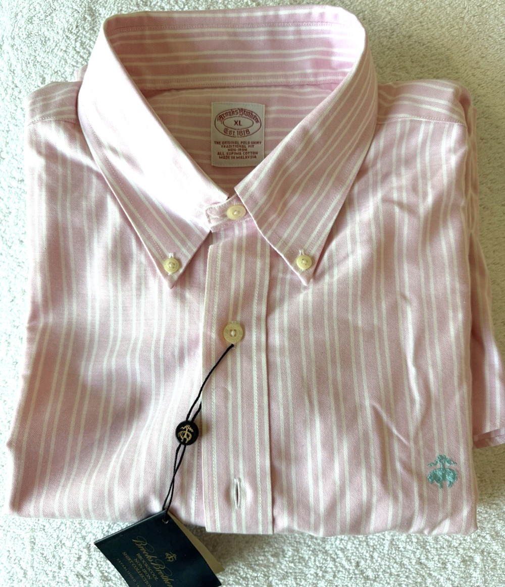 NWT Brooks Brothers Oxford polo Shirt XL Non-Iron Supima Cotton Pink Stripe